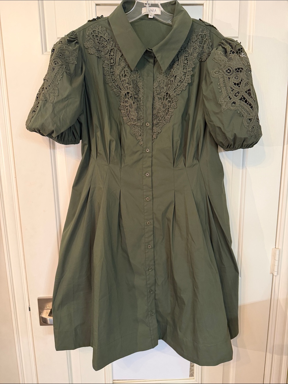 Olive Green Lace-Yoke Button Front Mini Dress